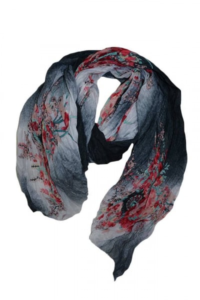 Esarfa mare realizata din vascoza, neagra cu design viu colorat
