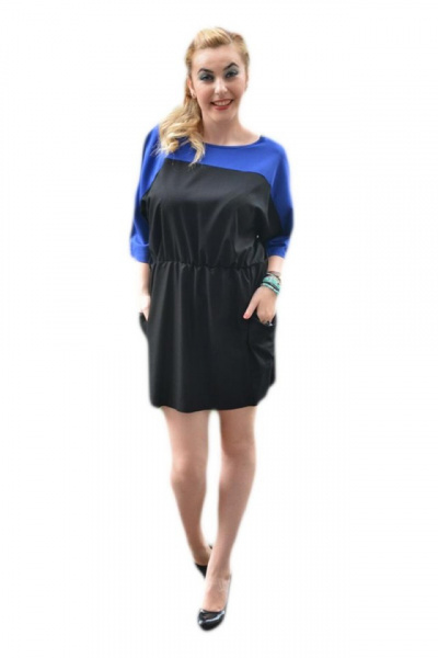 Rochie casual, bicolora albastru-negru, decoltata rotund