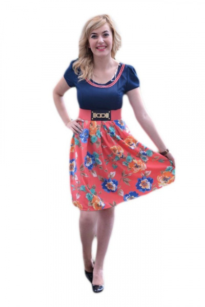 Rochie casual, bleumarin-corai, cu imprimeu floral si insertie de dantela