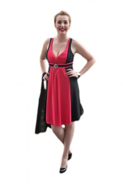 Rochie de ocazie scurta, neagra cu insertie de material roz aprins