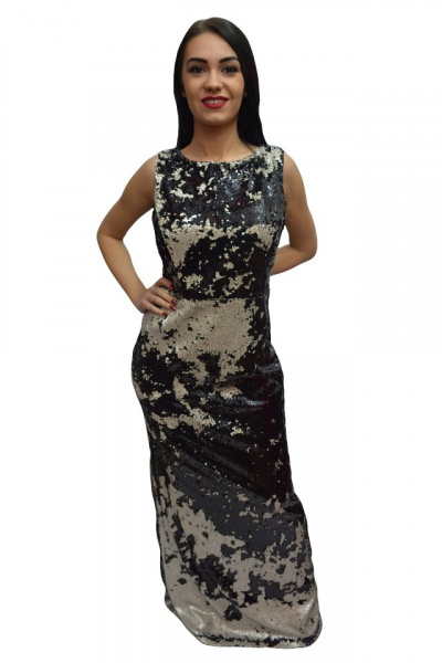 Rochie lunga de ocazie, design de paiete bicolore negru-argintiu