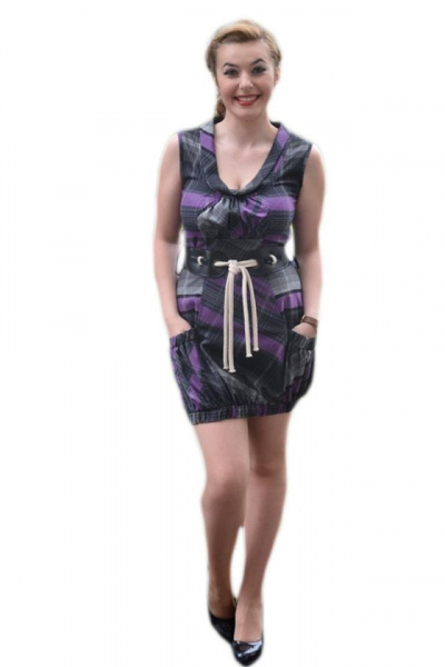 Rochie mini, de culoare gri cu dungi mov, model fara maneci