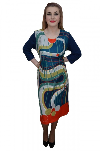 Rochie rafinata cu imprimeu abstract multicolor pe fond bleumarin