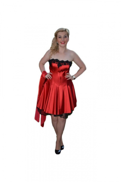 Rochie scurta, din material lucios, cu jupun negru in valuri