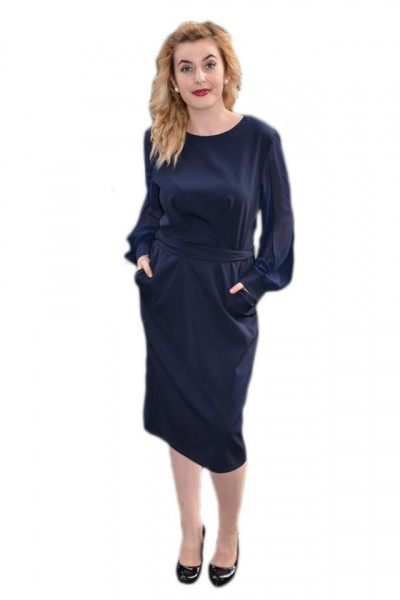 Rochie trendy de primavara, toamna, bleumarin, maneca de voal