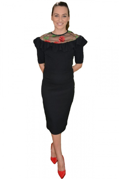 Bluza eleganta cu talie scurta, neagra, cu insertie de tul brodat