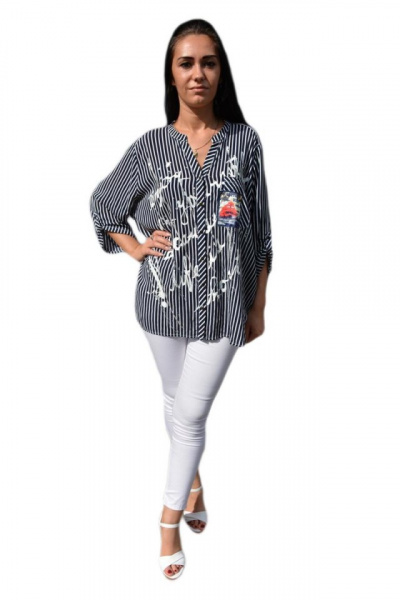 Bluza oversize cu nasturi in fata si dungi fine, alb-bleumarin