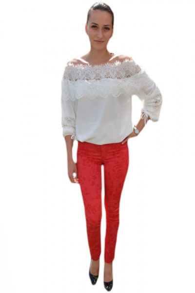 Pantalon tineresc cu design floral pe fond rosu, model lung