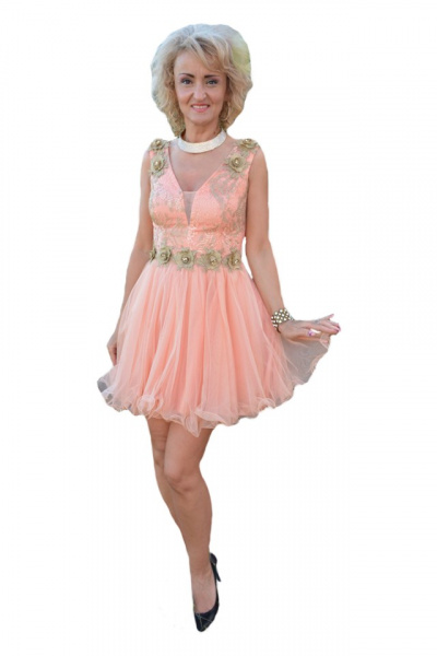 Rochie baby-doll din tul si dantela cu flori aurii 3D aplicate