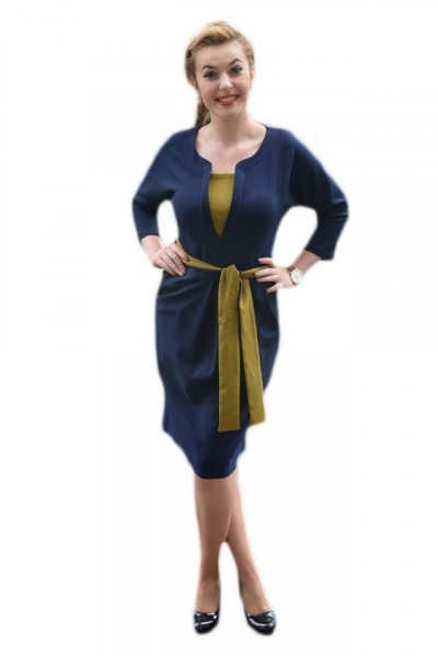 Rochie bleumarin masura mare cu insertii de tesatura mustarie
