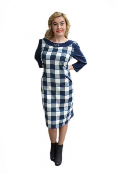Rochie casual cu design de carouri mari, bleumarin combinat cu alb