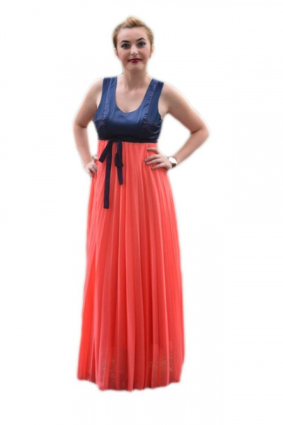 Rochie de ocazie, frumoasa, combinatie de corai cu bleumarin, lunga