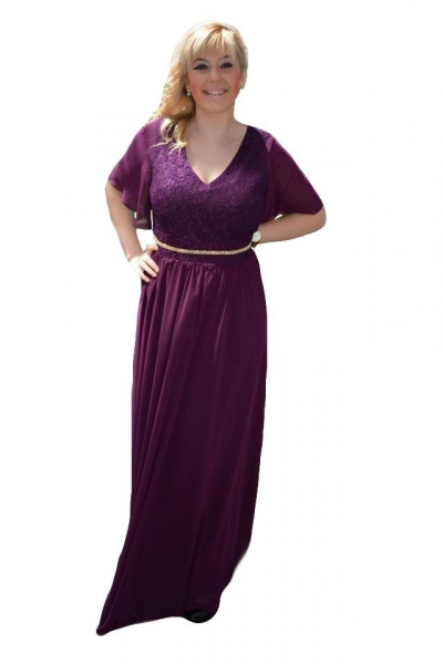 Rochie de seara deosebita, mov, din voal combinat cu dantela