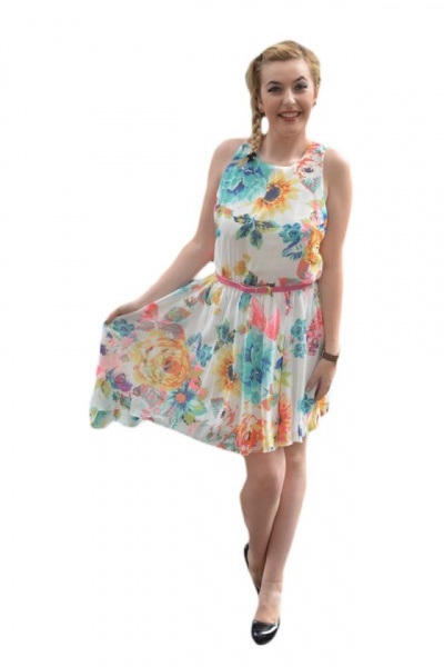 Rochie de vara, model asimetric cu imprimeu floral viu colorat