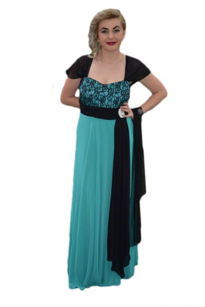 Rochie deosebita de gala, lunga, pe fond turcoaz cu insertii negre