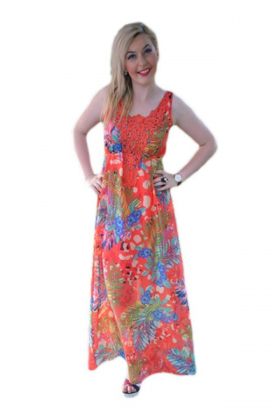 Rochie deosebita de vara, nuanta corai cu flori mari colorate