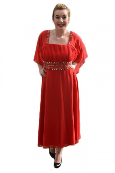 Rochie eleganta, rafinata, cu insertii de margele in talie, pe rosu