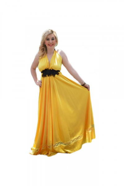 Rochie galbena, lunga de seara, din material satinat, cu insertii