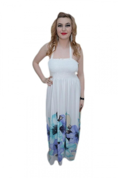 Rochie lunga de vara, culoare alba, design floral in partea de jos