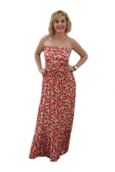 Rochie lunga fara bretele, flori mici pe fond de culoare corai