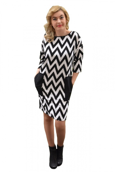 Rochie moderna, scurta, nuanta negru-alb, cu buzunare mari