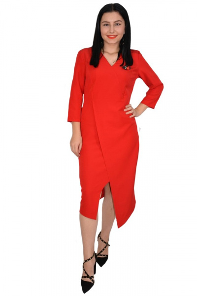 Rochie rafinata Mila cu crepeu in fata,model asimetric,nuanta de rosu