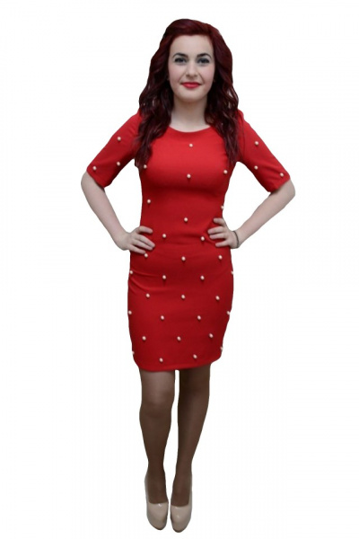 Rochie tinereasca, de culoare rosie, perle albe aplicate