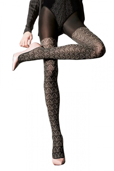 Ciorap pantalon, nuanta neagra cu model 3D cu aspect ajurat, bej