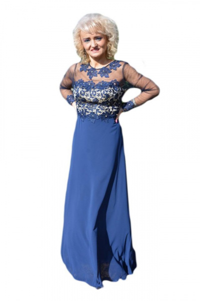 Rochie albastra de seara, model lung cu broderie florala cu strasuri