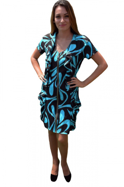 Rochie comoda cu maneca scurta, imprimeu negru-albastru