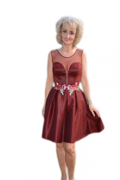 Rochie de ocazie cu broderie florala aplicata, nuanta de visiniu