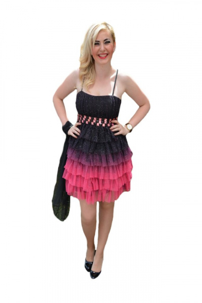 Rochie de seara scurta, neagra cu roz, model mini cu insertii de strasuri