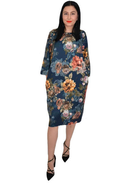 Rochie de zi Fevine cu model floral tip mozaic pe fundal bleumarin