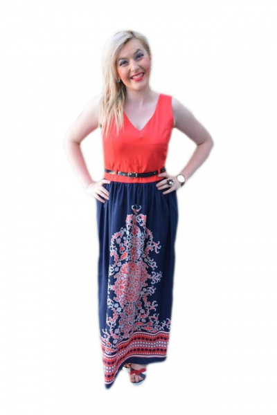 Rochie deosebita de culoare bleumarin-corai, cu curea aplicata