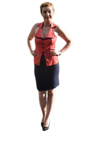Rochie deosebita tip costumas, corai-bleumarin, model scurt