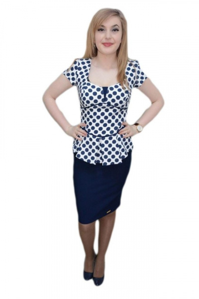 Rochie eleganta bleumarin-alb, tip costum, cu peplum in talie