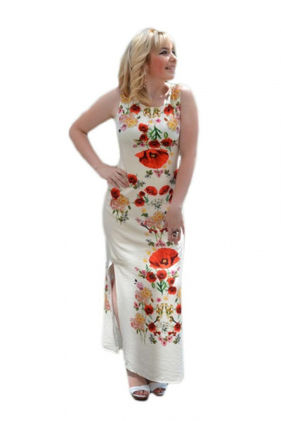 Rochie lunga de zi din in, de culoare bej cu imprimeu floral
