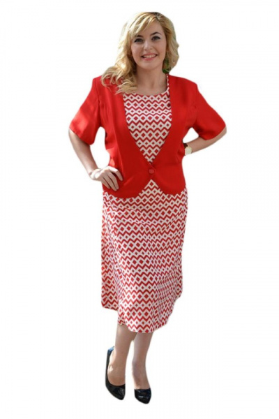 Rochie rosie cu imprimeu geometric alb, tip costum cu sacou