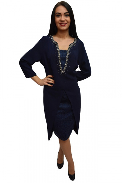 Rochie bleumarin pentru ocazii cu insertii de dantela si strasuri