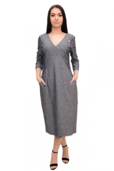 Rochie chic cu buzunare apretate si decolteu in V, nuanta de gri