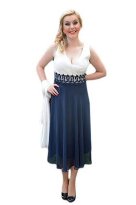 Rochie de seara, de lungime medie, bleumarin cu alb