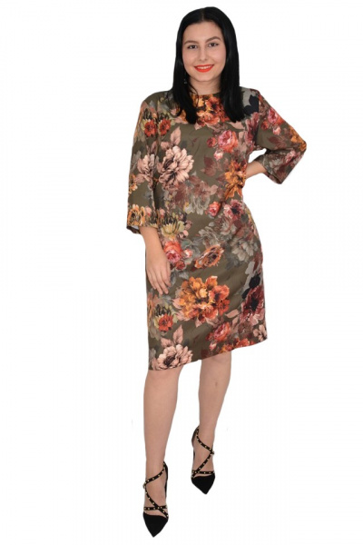 Rochie de zi Fevine cu model floral tip mozaic pe fundal kaki