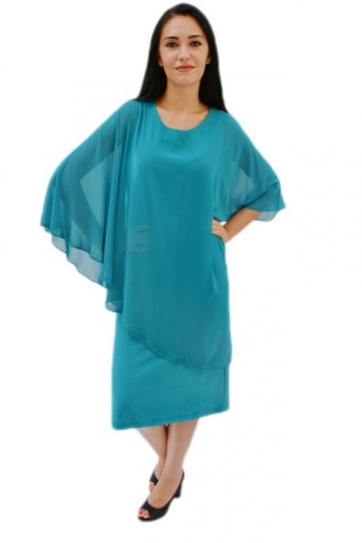 Rochie eleganta din material elastic si voal lejer aplicat, turcoaz