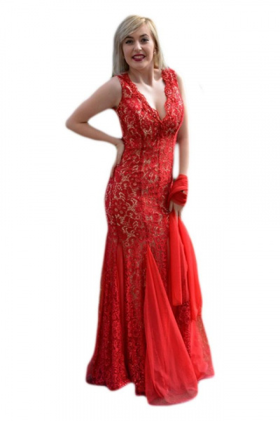 Rochie lunga de seara, tip sirena, dantela rosie cu insertii de tul