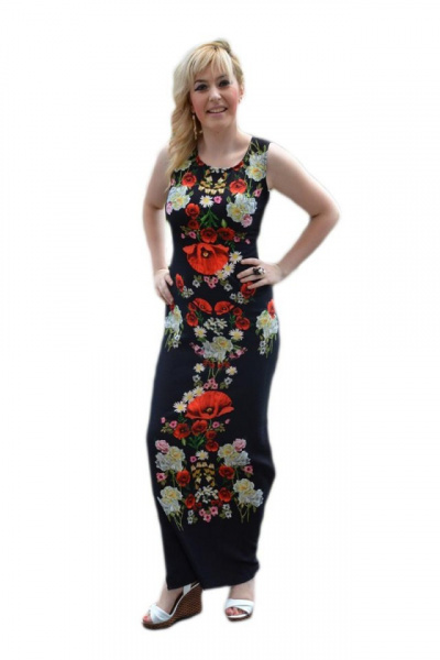 Rochie lunga de zi, culoare neagra cu imprimeu realist de flori