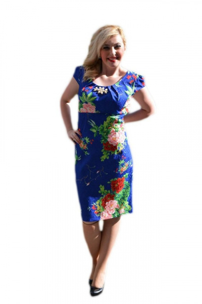 Rochie rafinata de culoare albastra cu flori rosii, model scurt
