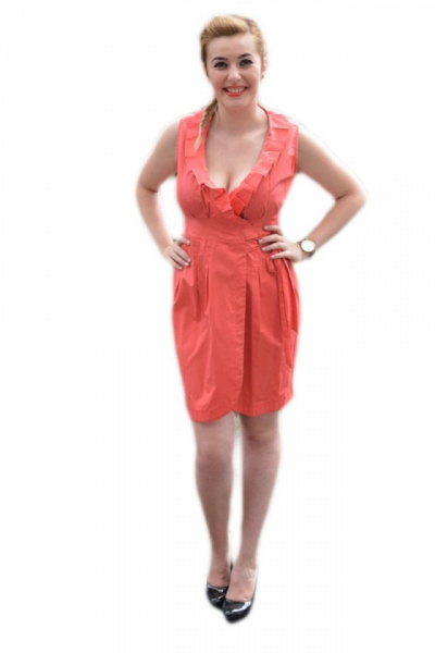 Rochie scurta, de culoare corai, cu model petrecut si cordon