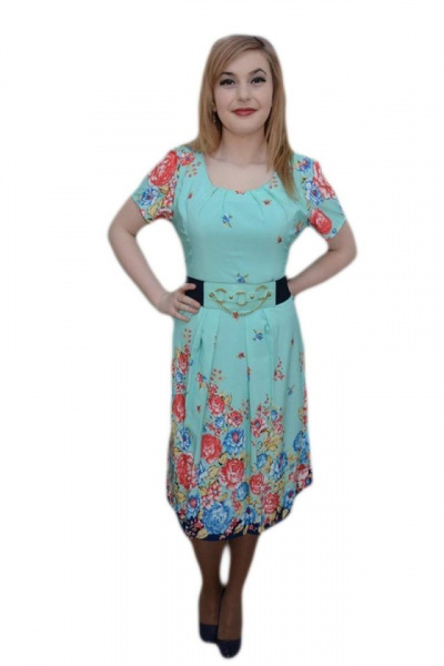 Rochie turcoaz cu flori multicolore si curea aplicata in talie