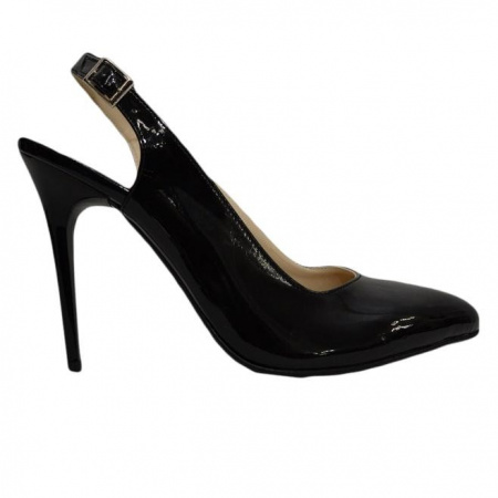 Sanda casual-elegant cu toc inalt, de culoare neagra, lucioasa