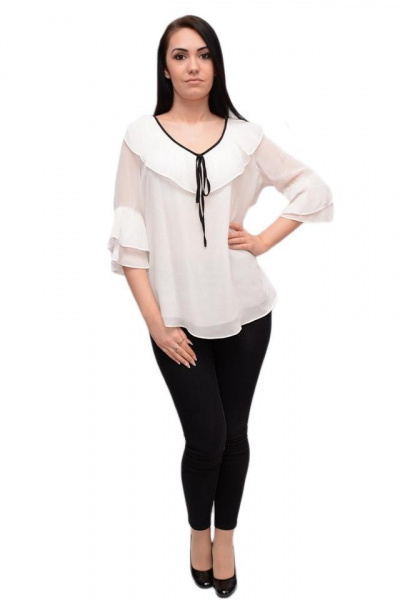 Bluza alba cu guler tip volan si snur negru, maneca larga